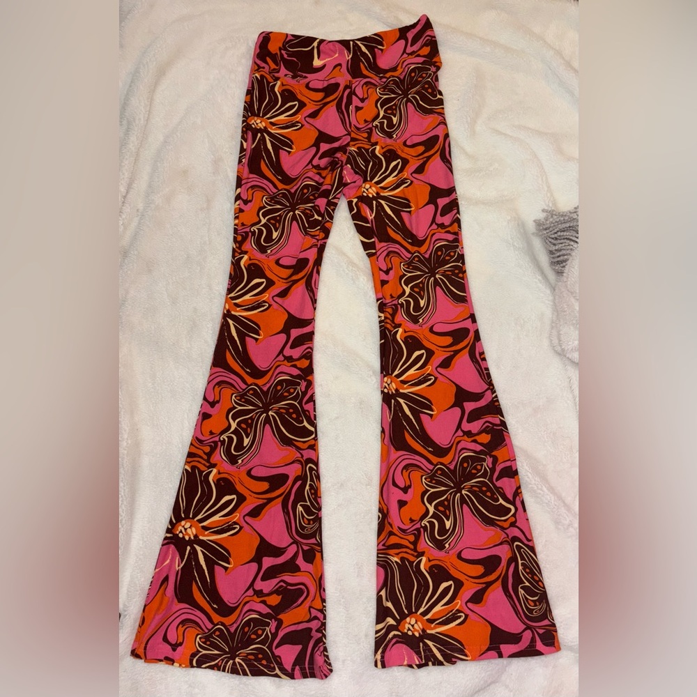 No Boundaries Flare Leg Pants Small S 3-5 Pink Orange Brown Retro Floral Disco